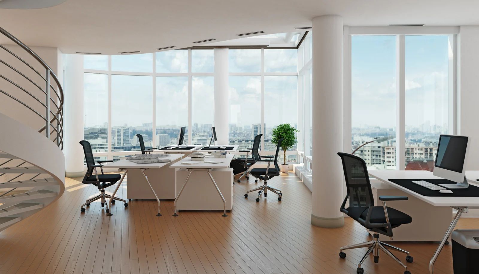 Office interior with floor-to-ceiling windows